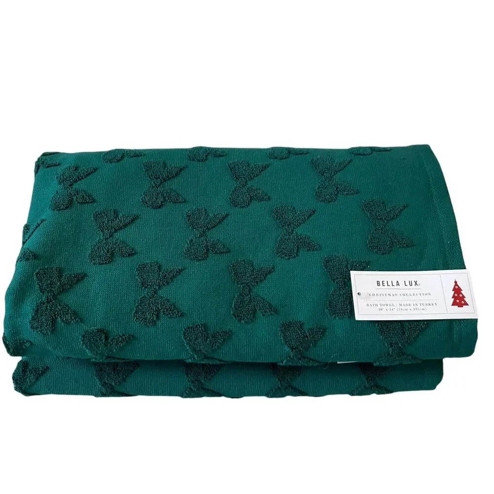 Bella Lux Christmas Bows Bath Towel Set of 2 Chic Holiday Green Bathroom Decor